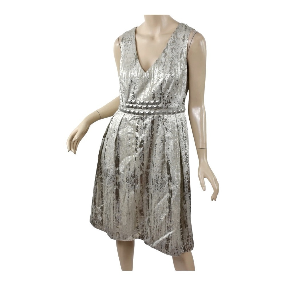 CARMEN MARC VALVO Metallic Jacquard Pyramid Studded Waist Flare Dress 10